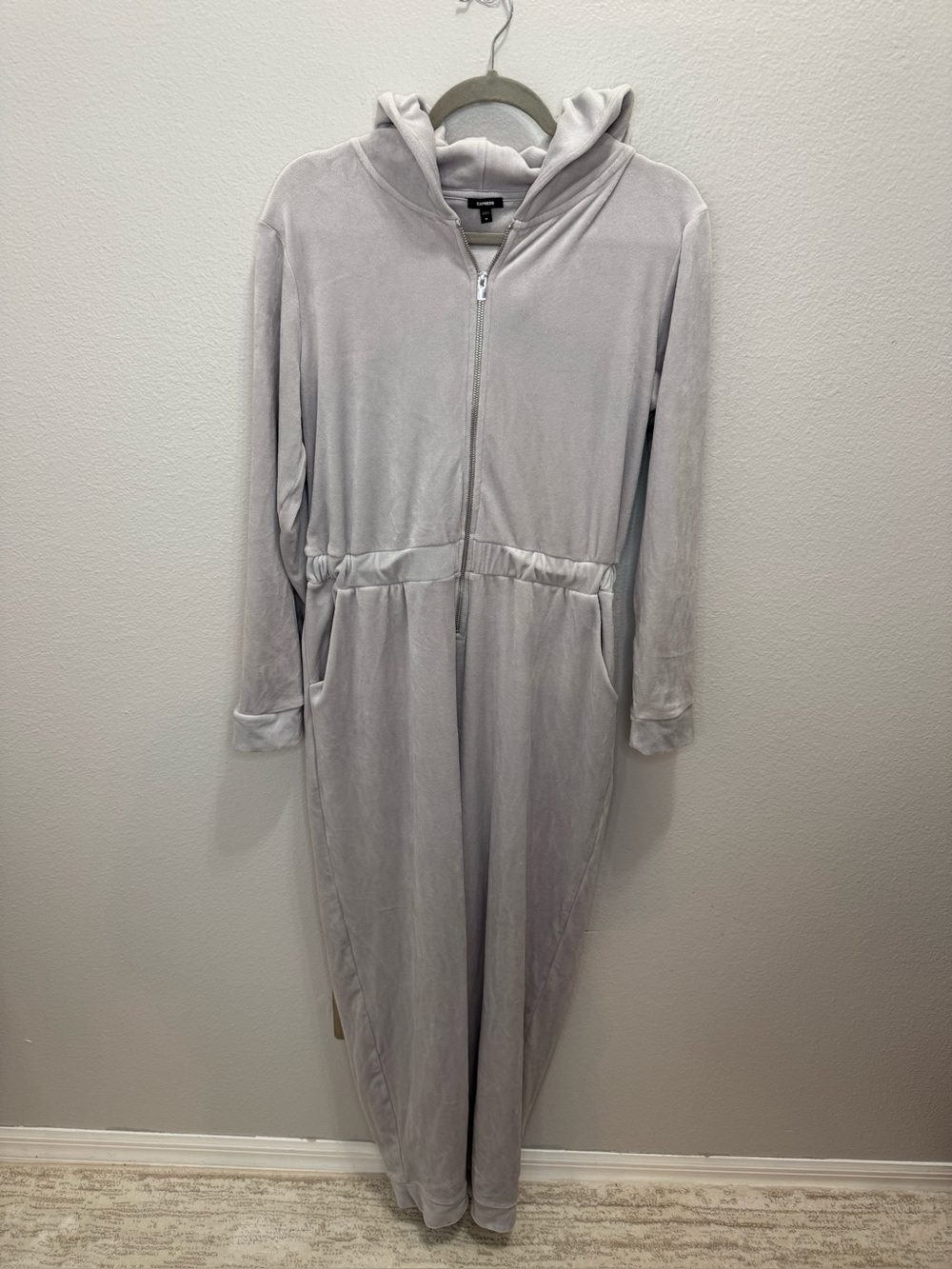 VGUC Express Gray Velour Hooded Zip Up Jumpsuit size M